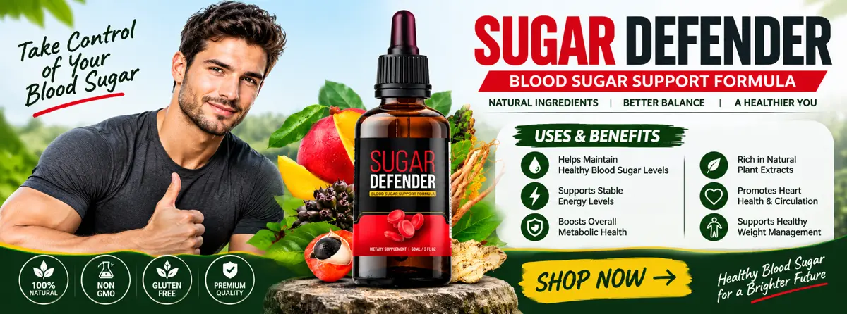 Man giving a thumbs up next to a Sugar Defender bottle