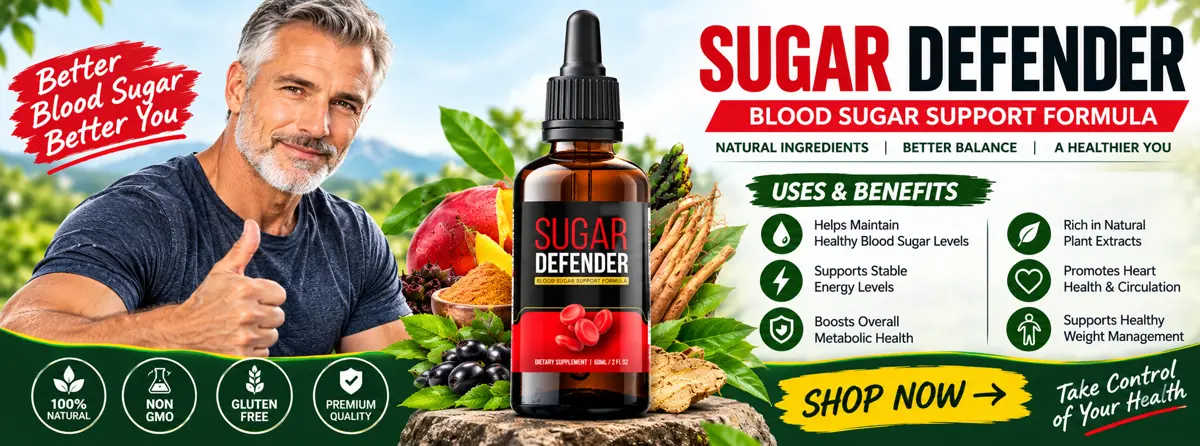 Smiling mature man with a Sugar Defender bottle and natural ingredients